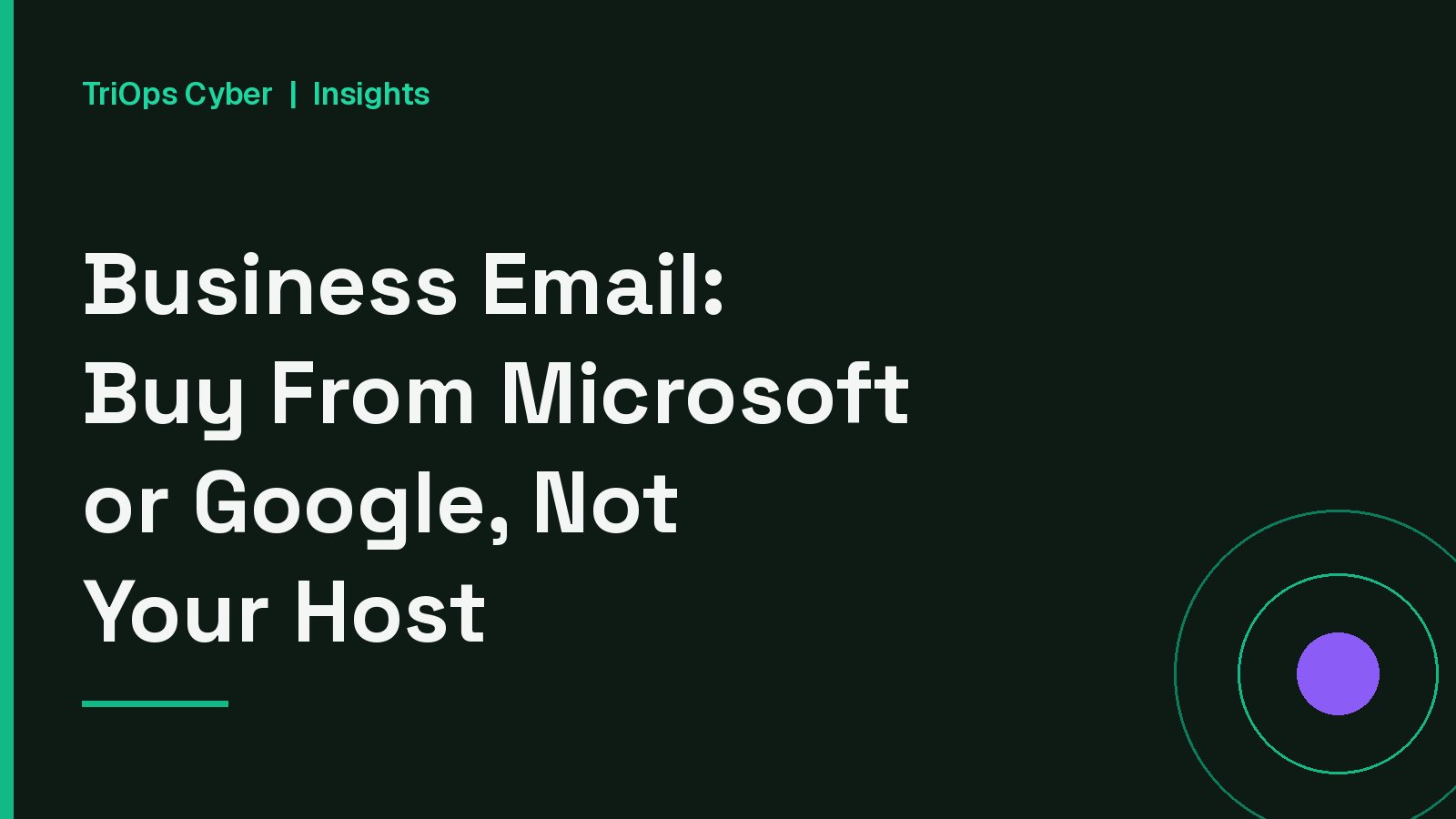 Title card reading Business Email: Buy From Microsoft or Google, Not Your Host, with the TriOps Cyber Insights label